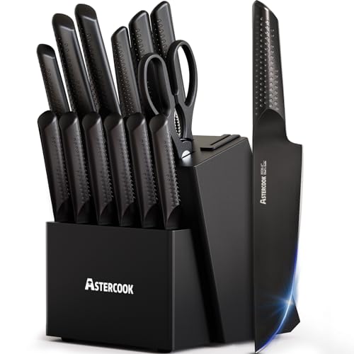 Astercook Knife Set, 15 Pieces Kitchen Knife Sets with Block and Built-in Knife Sharpener, German Stainless Steel Handle One-Piece Design Knives Block Set Dishwasher Safe, Black 15 Piece - B