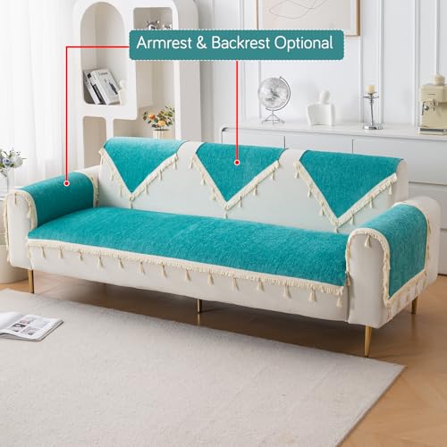 Image of HOKIPO 'Serenity Tassel' Chenille 3 Seater Sofa Cover with Tassel - Ocean Teal (IN-892-SBL)