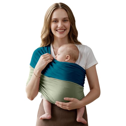 Baby Wrap Carrier, Lightweight Baby Wearing Wraps for Newborn and Infant, Soft Swaddle Holder Carrier, Cozy Baby Sling 7-35 lbs Blue+Green