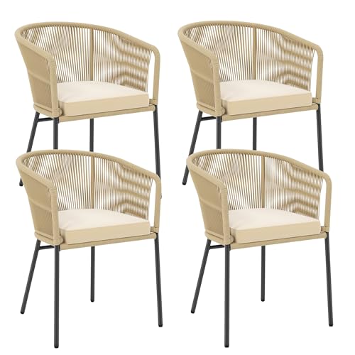 Tangkula Patio Chairs Set of 4, Outdoor Accent Chairs with Woven Rope Curved Backrest & Armrests, Seat Cushion, Adjustable Foot Pads, Modern Dining Chair for Dining Room, Patio, Backyard, Beige