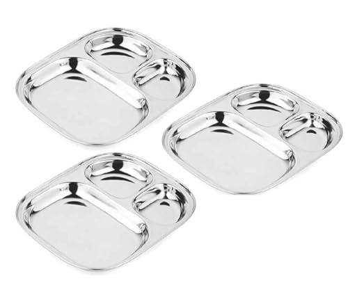 Image of Stainless Steel Plates with Compartments /Tiffin Plates /Pav Bhaji Plates /Partition Plates /Breakfast Plates /Steel Plates for Lunch /Dinner /Kids Plate Set of 3 (Medium)