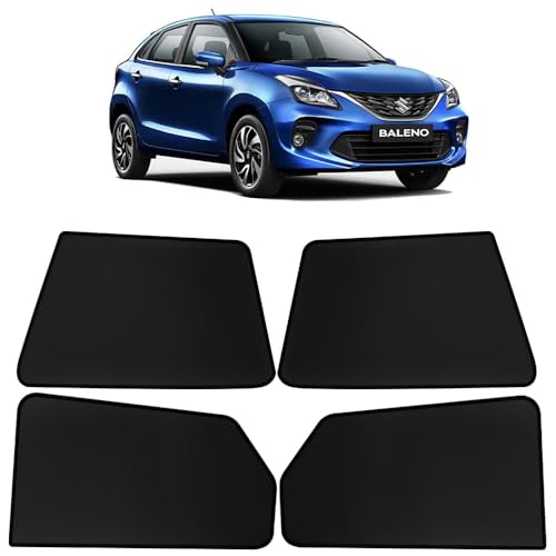 Image of OTO2EYE Car Sun Shade Compatible for Maruti Suzuki Baleno Model 2019 to 2022, Z-Black Fix Type Side Window Curtains, Only Half Cut in Front Window, 4 Pieces Set