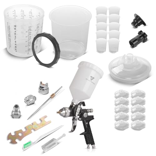STAHLWERK HVLP Lackierpistole-Set mit Mischbechern – Lackierpistole SG-600 ST mit Fließbecher und Reinigungs-Set, 1,4 mm Düse, Profi-Sprühpistole 3,5 bar inklusive 25-teiligem Mischbecherset, 650 ml