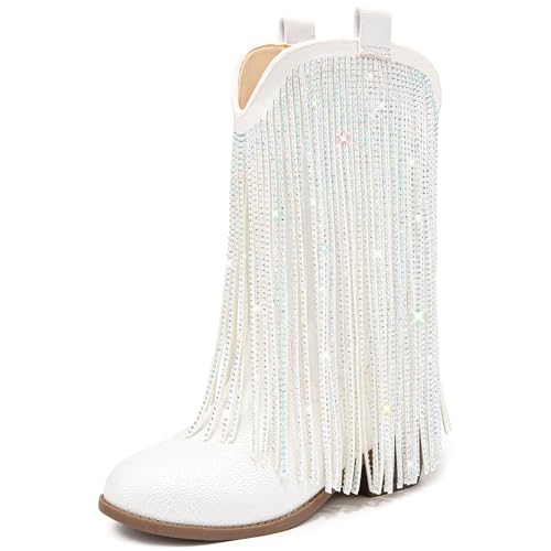 LAURMOSA Girls Cowboy Boots for Girls Cowgirl Boots Size 13 Fringe Rhinestone Sparkly Tassel White Cow Girl Western Little Kids Mid Calf Pointed Toe Party Birthday Dress Church Fancy (L1056PUWhite 13)