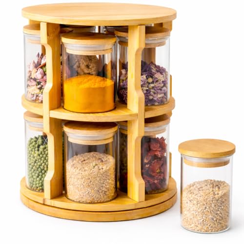 360 Rotating Spice Rack Organizer 10 Glass Jars (200ml Each) with Bamboo Wooden Stand Kitchen Countertop Storage Carousel Space Saving Masala Organizer