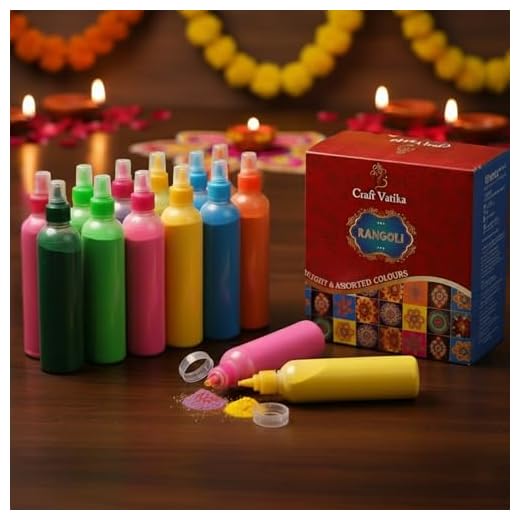 CraftVatika 12 Rangoli Colour Powder Tube Kit, Diwali Decoration Items Bottles Tool Floor Art Rang for Home Navratri Pongal Pooja Mandir Decor (Pack of 12) (1 Box- 12 Bottle)