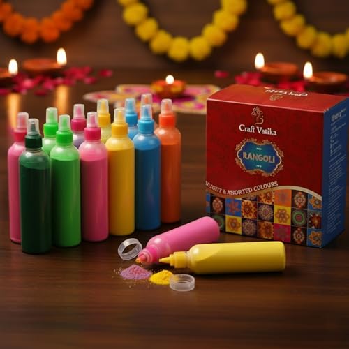 CraftVatika 12 Rangoli Kolam Colour Powder Tube Kit, Diwali Decoration Items Bottles Tool Floor Art Rang for Home Navratri Pongal Pooja Mandir Decor (Pack of 12) (1 Box- 12 Bottle)