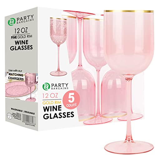 PARTY BARGAINS 12 oz Disposable Plastic Wine Goblets, Shatter-Resistant BPA-Free Stemmed Wine Cups for Weddings, Events & Outdoor Entertaining, Pink Gold Rim, 5 Pack