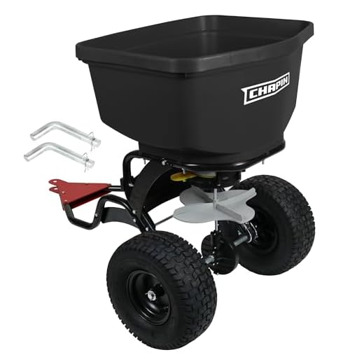 Chapin 8622B Made in The USA 2.2 Cubic Feet Tow and Pull Behind Spreader with Auto-Stop Dual Impeller That Stops When Not Moving, Designed for Farm and Tough Terrain, Hitch Pins, Black