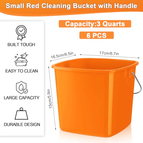 Image of Zhehao 6 Pcs 3 Quart Bucket for Cleaning Small Sanitizer Bucket for Restaurant Square Plastic Pail with Handles for Home, Offices, Commercial Use, Food Service(Orange)