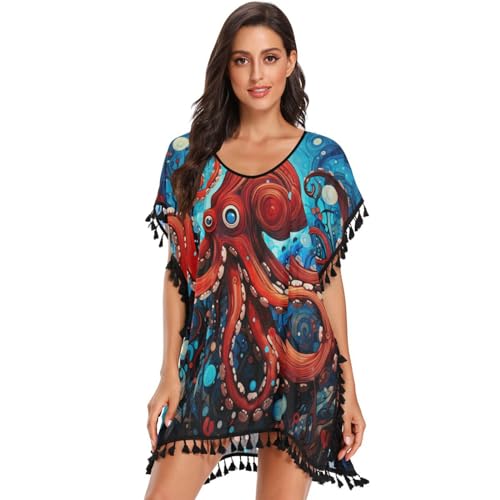 KAAVIYO Octopus Red Blue Dark Sea Women's Beach Cover Up Chiffon Tassel Swimwear Swimsuit Coverups for Girl