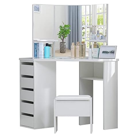 OFCASA Tocador curvado de esquina blanco con espejo y taburete Cover