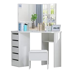 OFCASA kaptafel met spiegel en kruk 3 Spiegel 5 Lades Wit Moderne Kaptafel make-up tafel voor Meisjeskamer Kleedkamer…