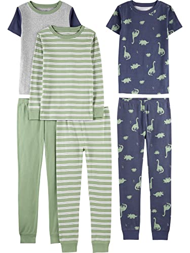 Simple Joys by Carter's Boys' 6-Piece Snug-Fit Cotton Pajama Set, Pack of 3, Green Stripe/Grey Heather/Indigo Wash Dinosaur, 7