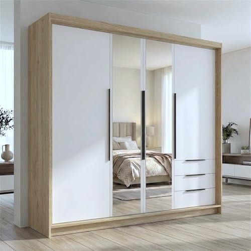 A&J MöbelLand VIVO Kleiderschrank 4-türig mit Spiegel und Schubladen – 200 x 215 cm – Drehtürenschrank mit Kleiderstange und Einlegeböden