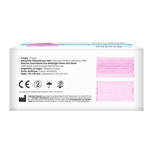 Mea Vita medizinischer Einweg Mund- und Nasenschutz Typ IIR, 50er Pack, 3-lagig, EN-14683, Einweg Maske, Gummizug (Rosa) – Bild 3