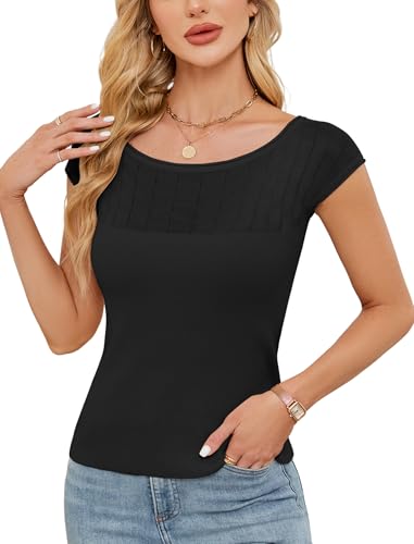 Image of ZAFUL Womens Summer Tops 2025 Off The Shoulder Cap Sleeve Ribbed Knit Trendy Slim Fit Going Out Shirts Lightweight Sweaters