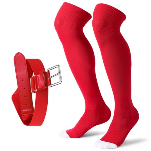 Image of XZQTIVE Baseball Socks and Belt Combo,Over the Knee Softball Socks and Belt,Knee High Football Socks for Kids Youth Adults
