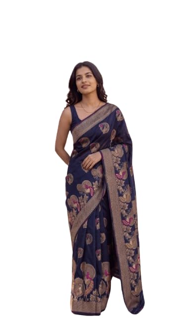 Women's Banarasi Silk Blend Saree with Traditional Peacock Motifs, Rich Zari Weaving Border and Matching Blouse Piece for Festive-image-34