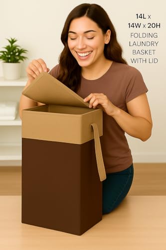 Image of Homerz Premium Folding Laundry Basket for Clothes with lid and handles, 24X17X47 inch size, Laundry Bag Cloth Basket Non Woven Laundry Bin Laundry Bags for Clothes Freestanding (Brown)