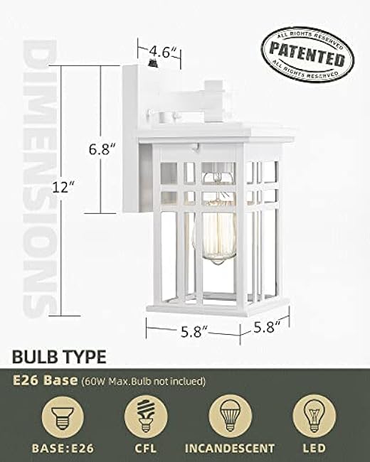 Dusk to Dawn Sensor Outdoor Wall Sconce - HWH Exterior Wall Lantern Light Fixture for Porch, Garage, Doorway, Garden, Glossy White Finish, 5HD27B-PC WH