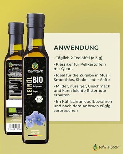 Kräuterland Bio Leinöl 4X250ml (1L), Bio Leinsamen, kaltgepresst, mild & nussig, reich an Lignane und Omega 3-6-9 Fettsäuren, naturrein ohne Zusatzstoffe, glasflasche, mühlenfrisch