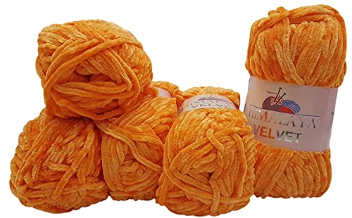 Himalaya Velvet Lot de 5 pelotes de laine à tricoter veloutée en micro-polyester pour bébé (5 x 100 g) (orange 90016)
