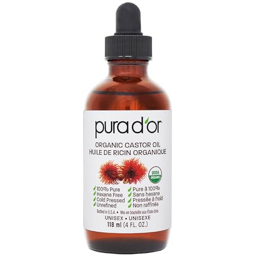 PURA D’OR Organic Castor Oil (118 ml) 100% Pure, Cold Pressed, Hexane Free Serum for Healthy Looking Lashes & Brows, and Moisturizes Skin
