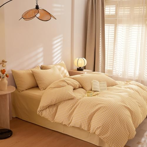 Image of EAVD Yellow Gingham Duvet Cover Twin Size Washed Cotton Bedding Set 3 Pieces Grid Plaid Duvet Cover Set Modern Grid Checkered Bedding Set with 2 Pillowcases Farmhouse Gingham Comforter Cover