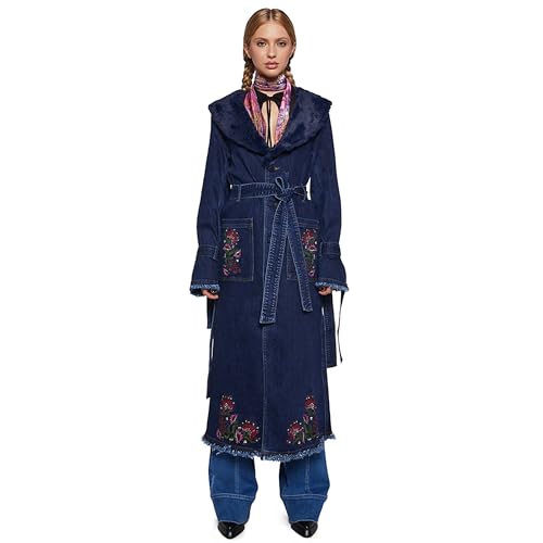 Dolls Kill Woven Dreams Denim Trench Coat by Current Mod - Floral Embroidered Stretch Denim with Faux Fur Collar - Blue