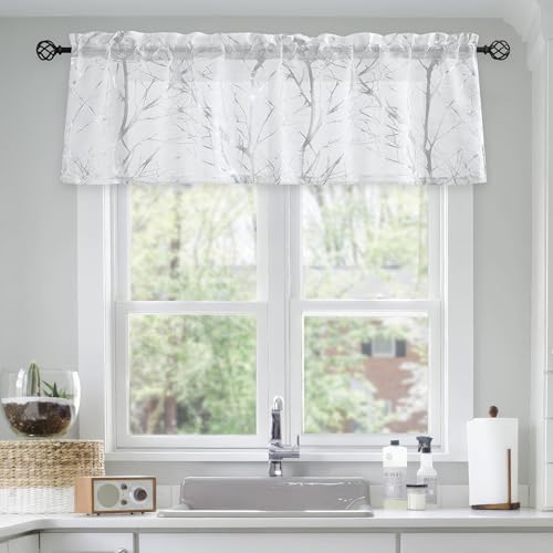 Folie silvergren vit genomskinlig gardinkappa för vardagsrum fönster topp 45 cm ljusfilter gardinkappa gardin för badrum kök kafé linne textur 127 cm B x 45 cm L, 1-pack