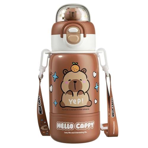 Botella de agua Capybara de 400 ml/14 oz Linda botella de agua de acero inoxidable con pajita, correa y vaso para beber, portátil, resistente al calor, grado alimenticio para niños y niñas, caféCapyb