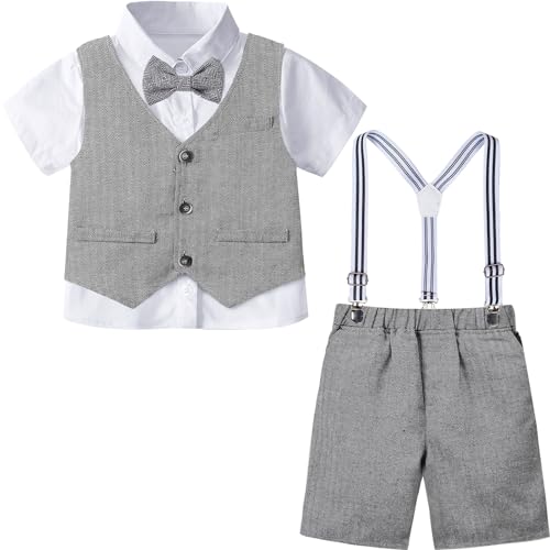 Image of A&J DESIGN Toddler Suit Boy Baby Gentleman Easter Wedding Formal Suspender Summer Dress Ring Bearer Outfit Grey 2-3T, Gray