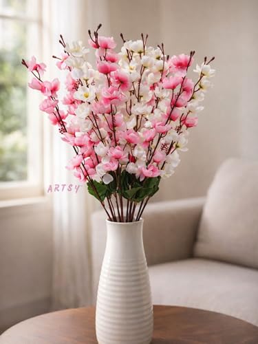 Image of ARTSY Artificial Flowers Bunch for Decoration Cherry Blossom, Ideal for vase, Home, Office Decor, Gifts, Craft, Artificial Plants for Decoration, Without vase, White Pink, Combo, 2 Pieces, Polyester