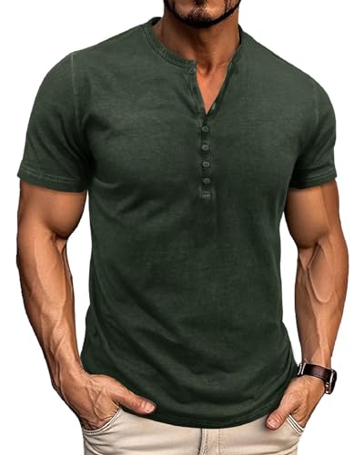 LAOARA Tee Shirt Homme T Shirt T-Shirts à Manches Courtes Homme Coton Henley Vintage Col Tunisien Boutons Eté Vert L