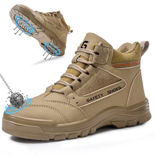 LANGTAN Steel Toe Work Boots for Men - High Top Puncture Resistant Safety Boots - Industrial Boot for Worker - Comfortable Work Boot for Construction Brown Size 9.5
