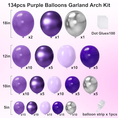 Image of Purple Balloon Garland Arch Kit, 134PCS Purple and Silver Balloons with Different Size for Birthday, Wedding, Baby Shower Decorations