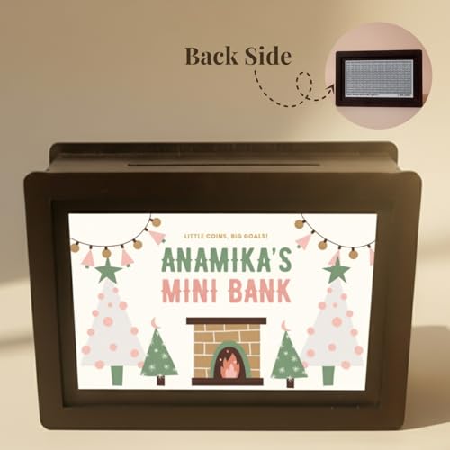 Image of Personalized Christmas Theme Gullak | Wooden MDF Piggy Bank with Custom Name 9x5.5 Inch | Cute Money Box for Kids, Friends, Family, Home, Office, Secret Santa