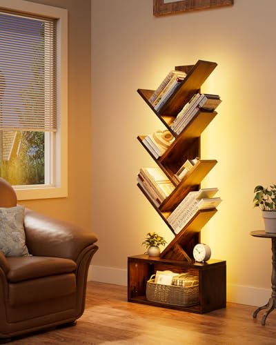 Image of Evermagin 6 Tier Tree Bookshelf with Lights, LED Book Tree Bookcase with Storage Organizer, Small Corner Bookshelf Floor Standing Book Shelf for Living Room, Bedroom & Home Office, Rustic Brown