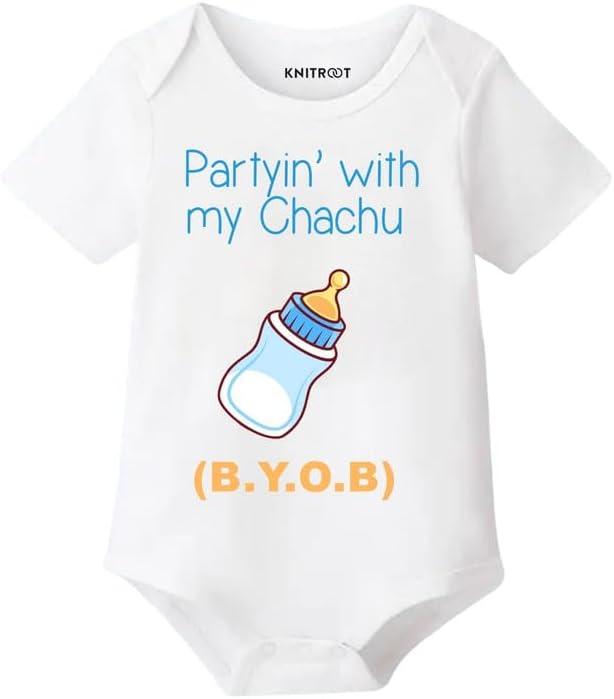 Chachu Family Special Onesies, Unisex Baby Kids Cotton Lycra Envelope Neck Half Sleeve White Romper, Bodysuit, Sleepsuit, Partyin With My Chachu, Infant Cloths for Boys & Girls