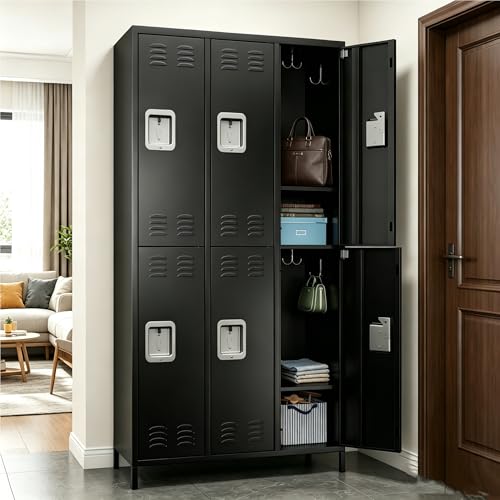 Image of SUPEER 6 Door Metal Storage Locker for Employees,Heavy Duty Steel School Locker with Adjustable Shelves and 18 Hooks,Metal Lockers for Office,Gym,Home,72 inchH x 35.4 inchW x 15.75 inchD,Black,Assembly Required