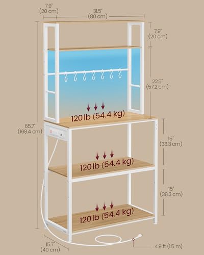 Image of VASAGLE Coffee Bar with LED Lights, Kitchen Bakers Rack with Power Outlet, Microwave Stand with Adjustable Shelves, 8 Hooks, 15.7 x 31.5 x 65.7 Inches, Golden Oak and Matte White UKKS050Y01