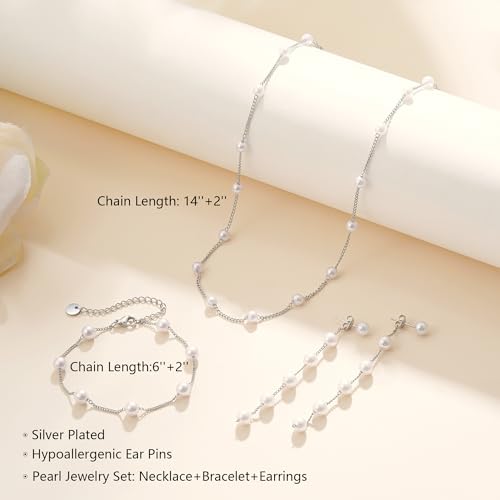 Fezodo Schmuck Set, Silber Perlenkette Damen Wasserfest Perlenohrringe Verstellbares Armband Perlen Brautschmuck Halskette Kette Damen Silver Schmuck für Frauen