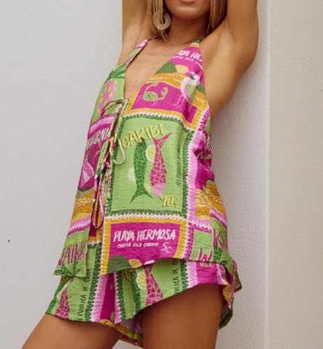 Image of ROAONOCOMO Women Tie Front Shorts Set V Neck Halter Cami Top Y2K 2 Piece Pj Set Graphic Summer Beach Lounge Outfit