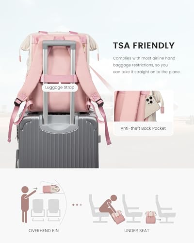 Image of LOVEVOOK Laptop Backpack for Women, 15.6 Inch Work Laptop Bag with USB Port, Fashion Teacher Nurse Backpack Purse, Waterproof Travel Computer Backpack with Organizer Bag, 2PCS, Beige-Pink