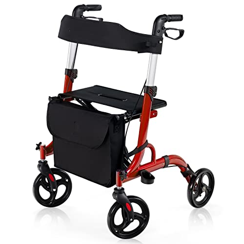 GYMAX Rollator Walkers, 4 Wheels Folding Medical Walking Aid with Seats, Adjustable Handle and Storage Bag, Lightweight Walking Frame for The Elderly & Disabled (Red)