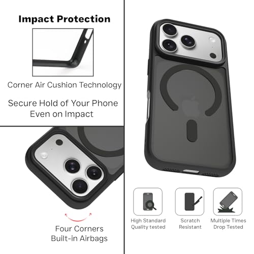 Image of RIGGEAR Shockproof Sleek Hybrid Armor Magnetic Back Cover Case Compatible with MagSafe Accessories for iPhone 17 Pro (Smoke Black Matte PC + Black TPU Bumper)