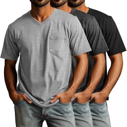 Ficerd 3 Pack Men's V Neck T Shirts Short Sleeve Plus Size Tee Loose Casual Top Cotton Basic Oversized Shirts with Pocket