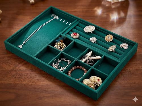 Image of MultiPurpose Tray Velvet Jewelry Drawer Organizer For Ring, Necklace,Chain, Earring & Jeweller Organizer Etc (Green)