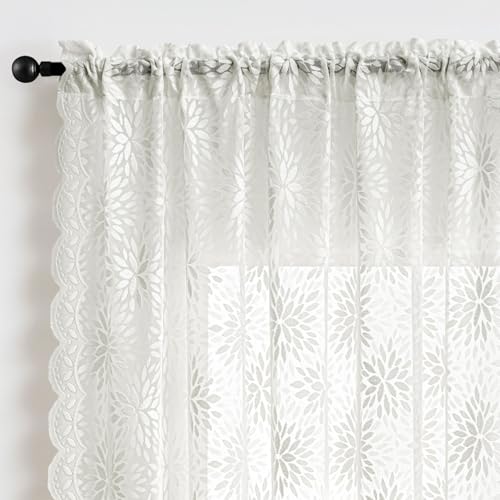 Image of MIULEE Vintage Lace Curtains 96 Inches Long 2 Panels, Victorian Decorative Floral Scalloped Semi Sheer Curtains Pretty Light Filtering Rod Pocket Panels for Bedroom Living Room, 52 inch W x 96 inch L, White
